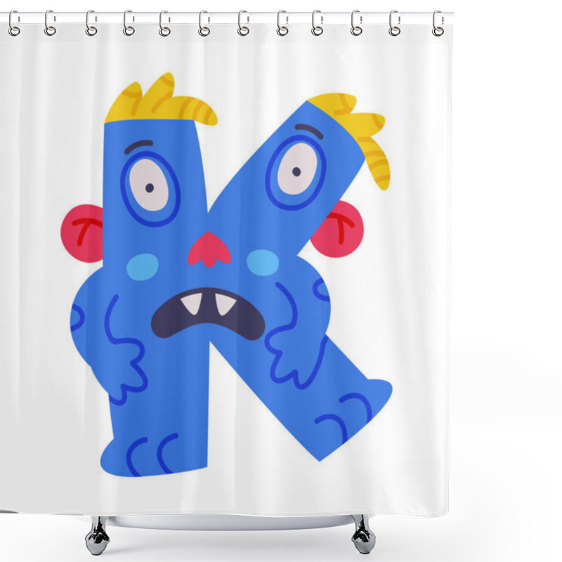 Personality  Monster Alphabet With Blue Capital Letter K Vector Illustration. Comic English Alphabetical Character With Face And Hands For Kids Learning Concept Shower Curtains