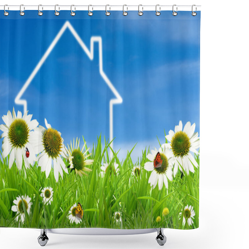 Personality  Symbol Of A House On Green Sunny Field Shower Curtains