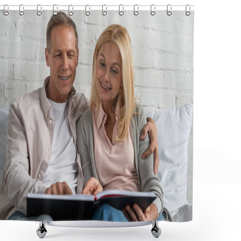 Personality  Smiling Couple Looking At Notebook While Sitting On Bed Shower Curtains