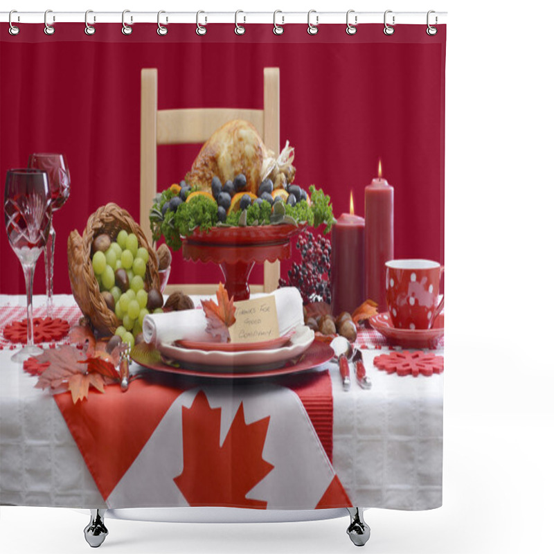 Personality  Thanksgiving Table Setting With Roast Turkey On Red White Backgr Shower Curtains