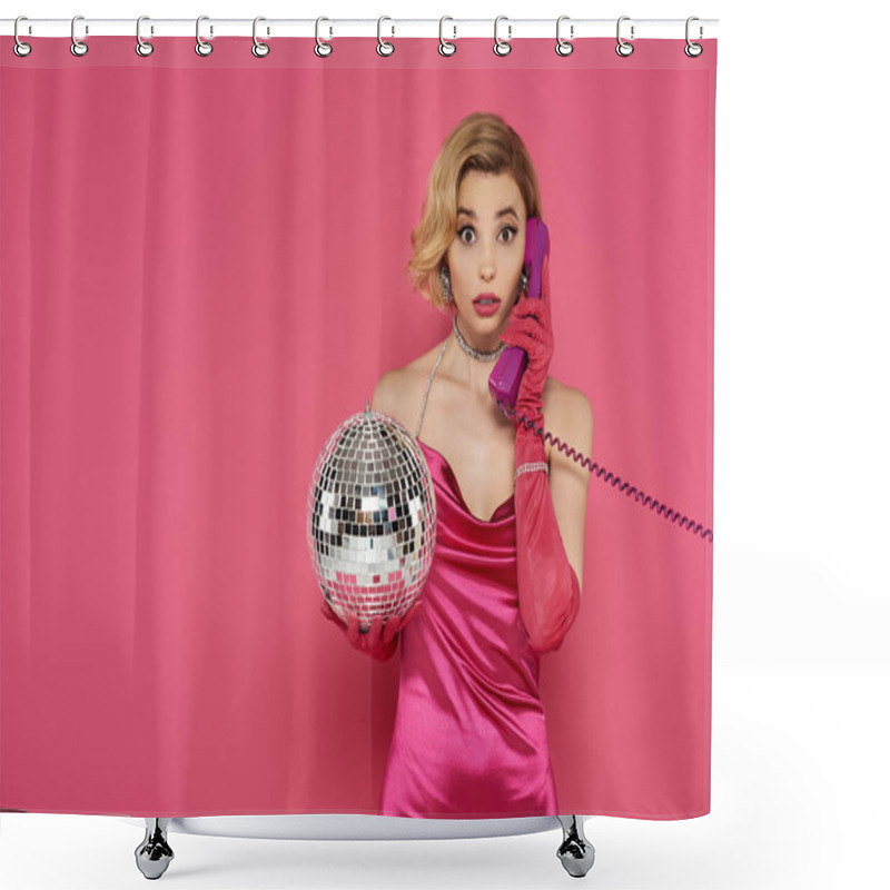 Personality  A Woman In A Pink Dress And Long Gloves Holds A Disco Ball While Talking On A Vintage Phone. Shower Curtains