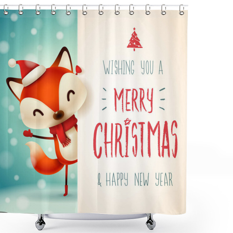 Personality  Cute Little Fox With Big Signboard. Merry Christmas Calligraphy Lettering Design. Creative Typography For Holiday Greeting. Shower Curtains