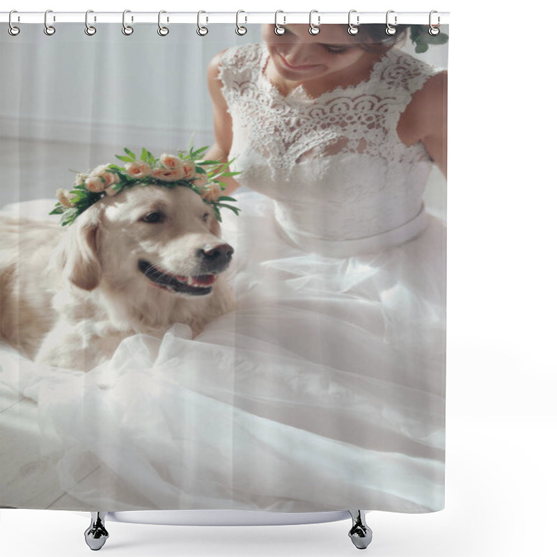 Personality  Bride And Adorable Golden Retriever Wearing Wreath Made Of Beautiful Flowers Indoors Shower Curtains