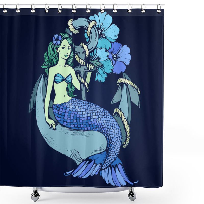 Personality  Mermaid Fantasy Sea Woman Fish Hand Drawn Line Art On Anchor With Flowers Stock Vector Illustration Shower Curtains