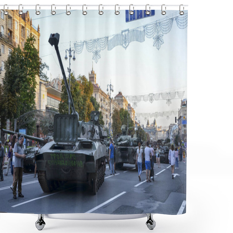 Personality  People Walk Along Khreshchatyk Street In Kyiv During An Exhibition Of Russian Military Equipment Destroyed By Ukrainian Forces Shower Curtains