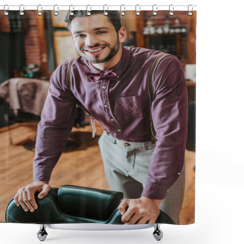 Personality  Cheerful Bearded Barber Touching Leather Armchair In Barbershop  Shower Curtains