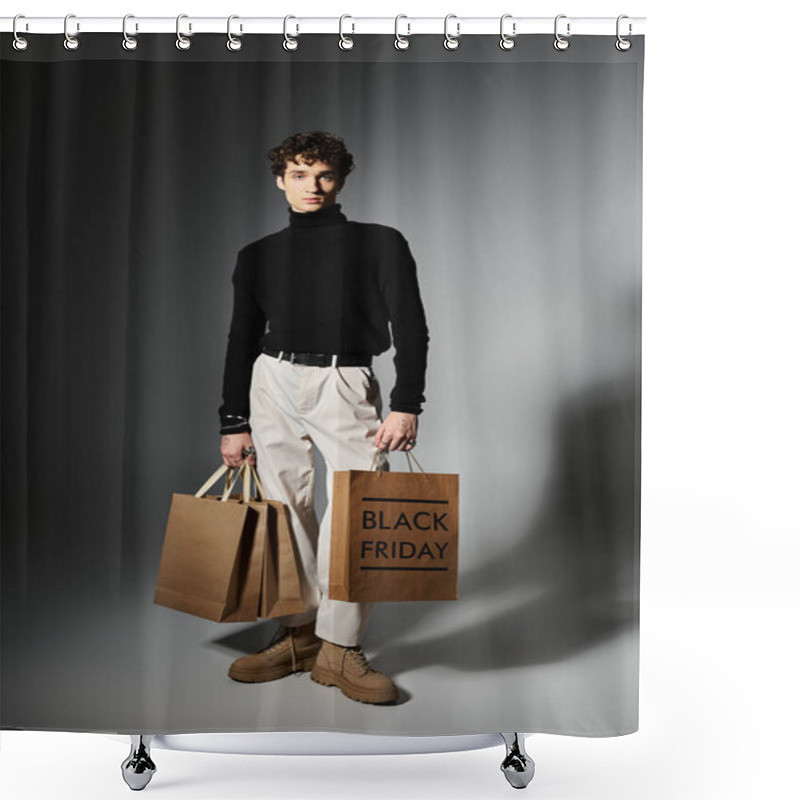 Personality  A Stylish Young Man With Curly Hair Proudly Holds Shopping Bags After An Exciting Black Friday. Shower Curtains