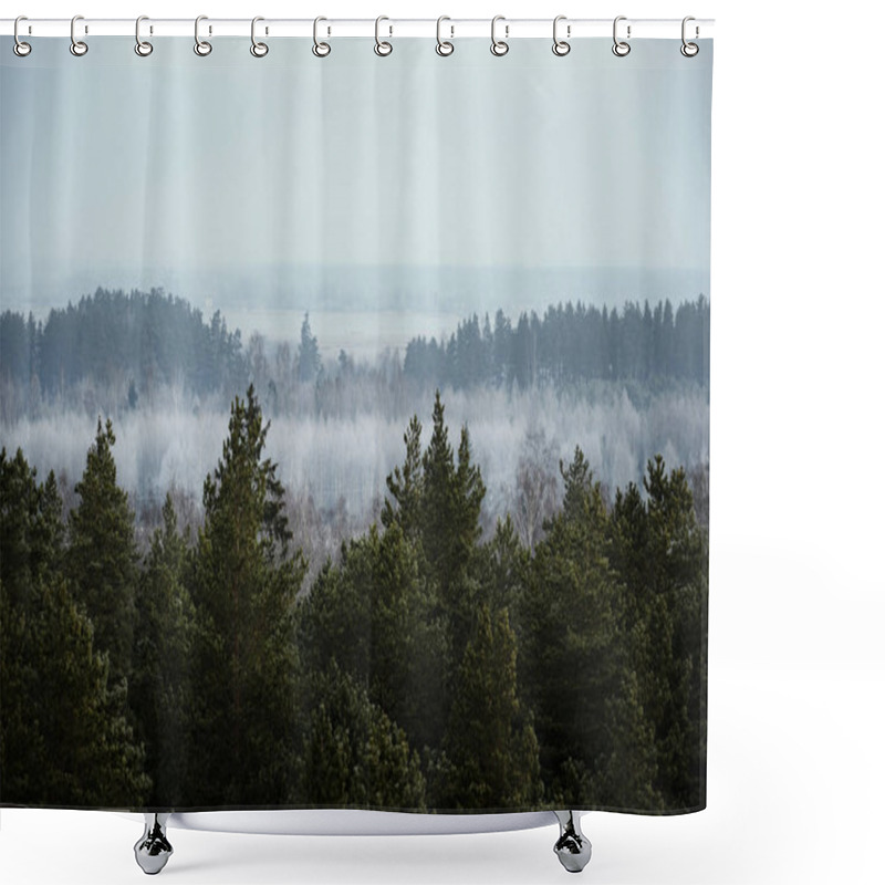 Personality  Frosty Trees In Forest During Cold Winter Morning Sunrise, Captured In Close Up  Shower Curtains