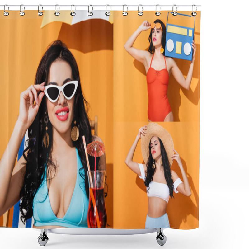 Personality  Collage Of Girl In Sunglasses Holding Cocktail And Paper Cut Boombox While Touching Straw Hat On Orange Shower Curtains