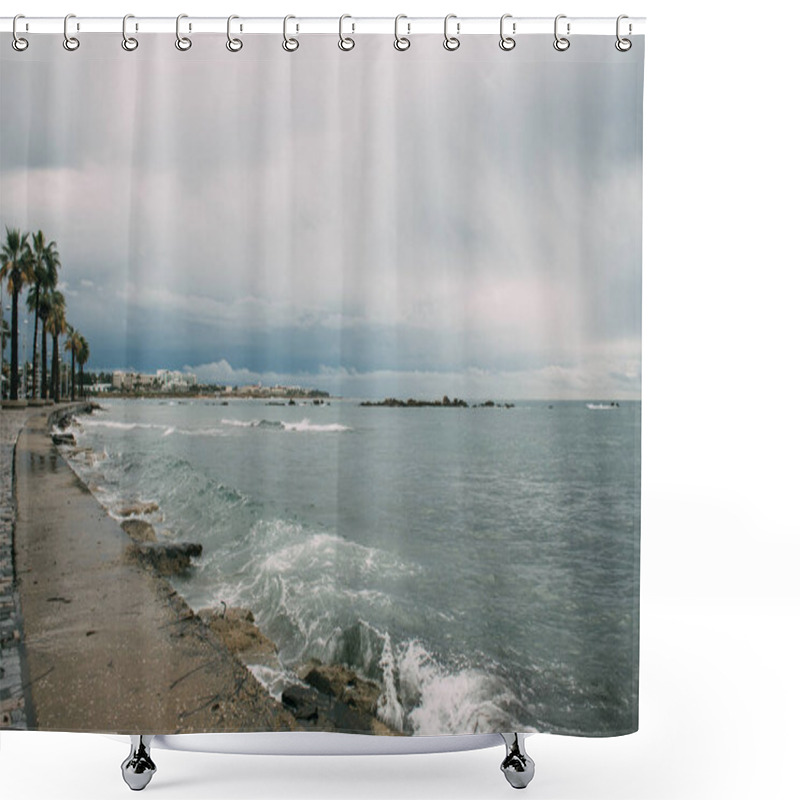 Personality  Splash Of Water In Mediterranean Sea Near Shore With Palm Trees Shower Curtains