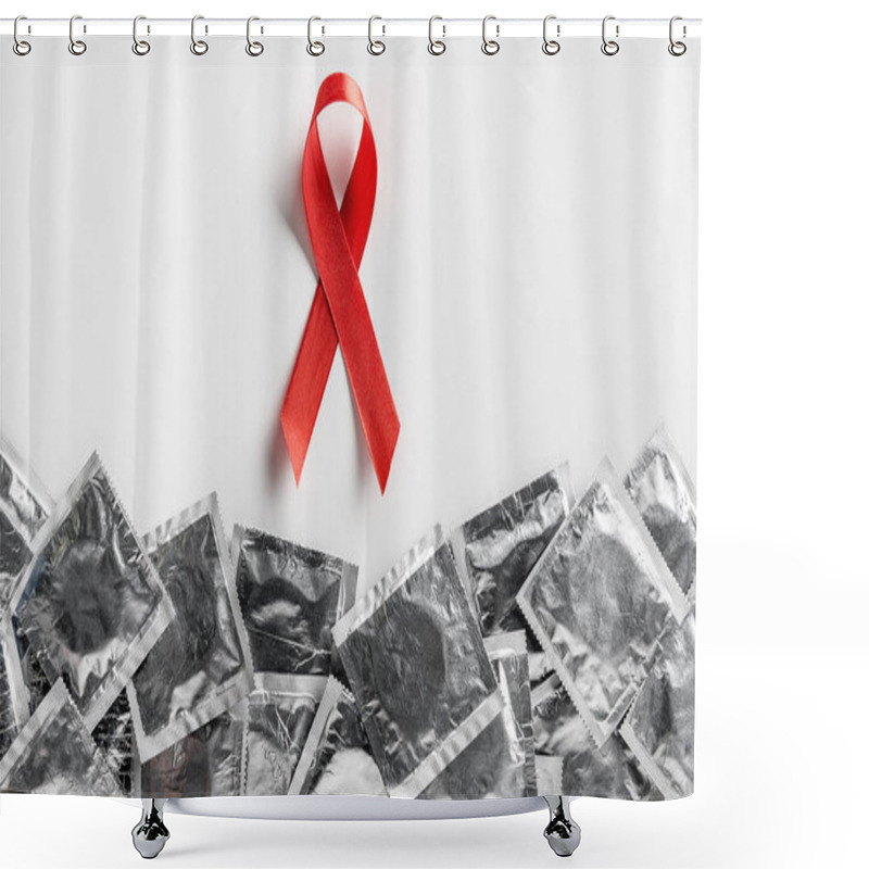 Personality  Top View Of Aids Awareness Red Ribbon And Silver Condoms On White Background, Medical Concept Shower Curtains