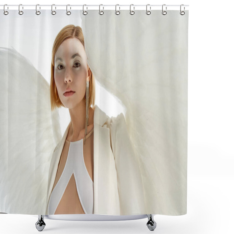 Personality  Woman In Costume Of Light Winged Angel Looking At Camera On White, Magic Charm And Purity Shower Curtains