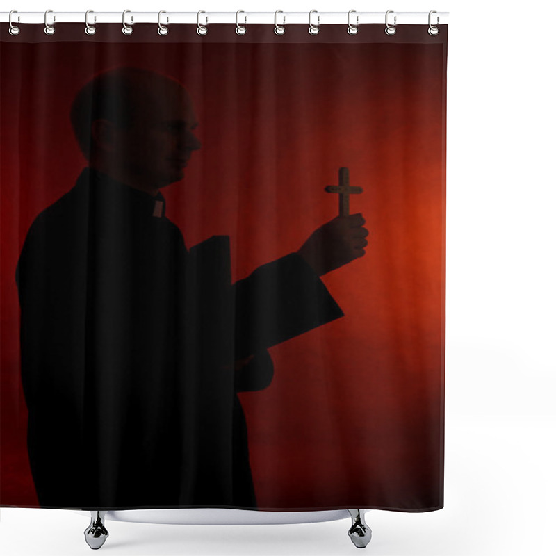 Personality  Young Pastor With Cross And Bible, On Dark Red Background Shower Curtains