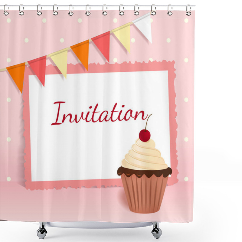 Personality  Festive Vector Card With Cherry Cream Cake, Flags And Frame Shower Curtains