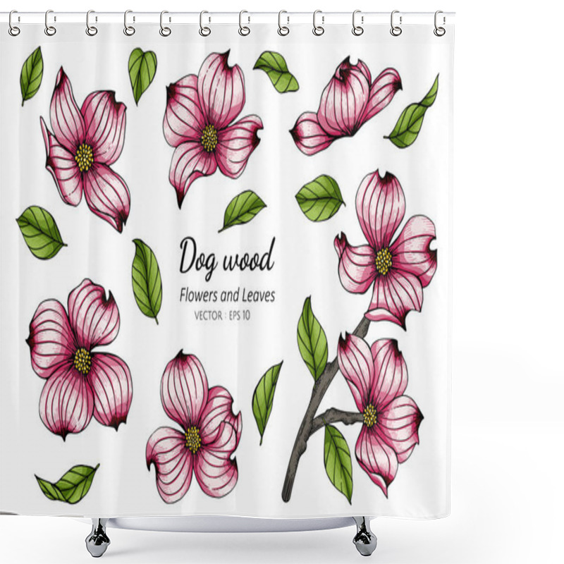 Personality  Set Of Pink Dogwood Flower And Leaf Drawing Illustration With Line Art On White Backgrounds. Shower Curtains