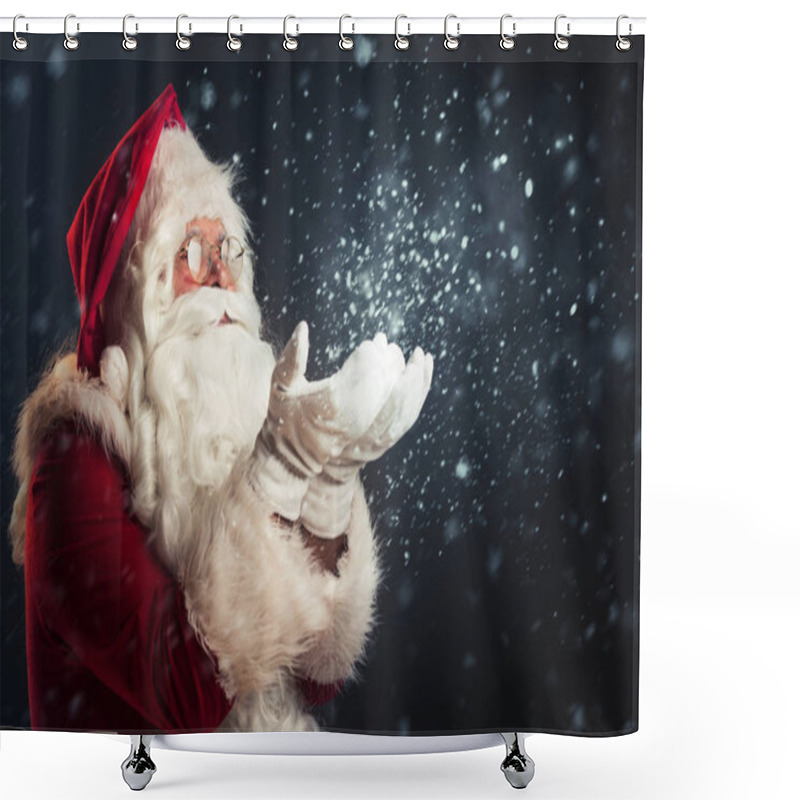 Personality  Santa Claus Blowing Snow   On Grey  Background Shower Curtains