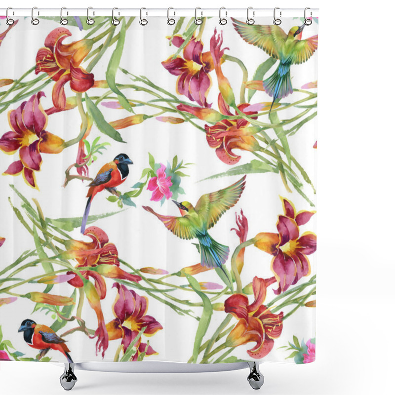 Personality  Meadow With Flowers And Birds Shower Curtains