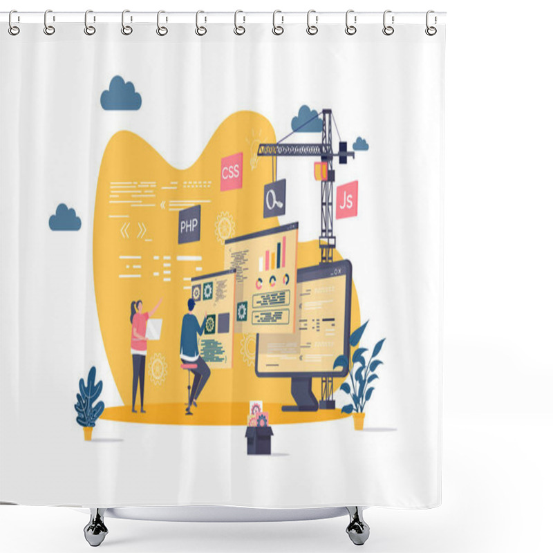 Personality  Web Development Concept In Flat Style. Developers Team Construct Web Application Scene. Full Stack Development, Software Engineering, Design And Programming. Vector Illustration With People Characters Shower Curtains