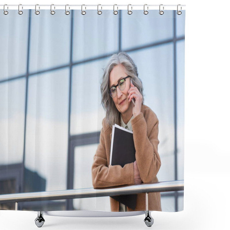 Personality  Upset Businesswoman In Coat Talking On Smartphone And Holding Papers On Urban Street  Shower Curtains