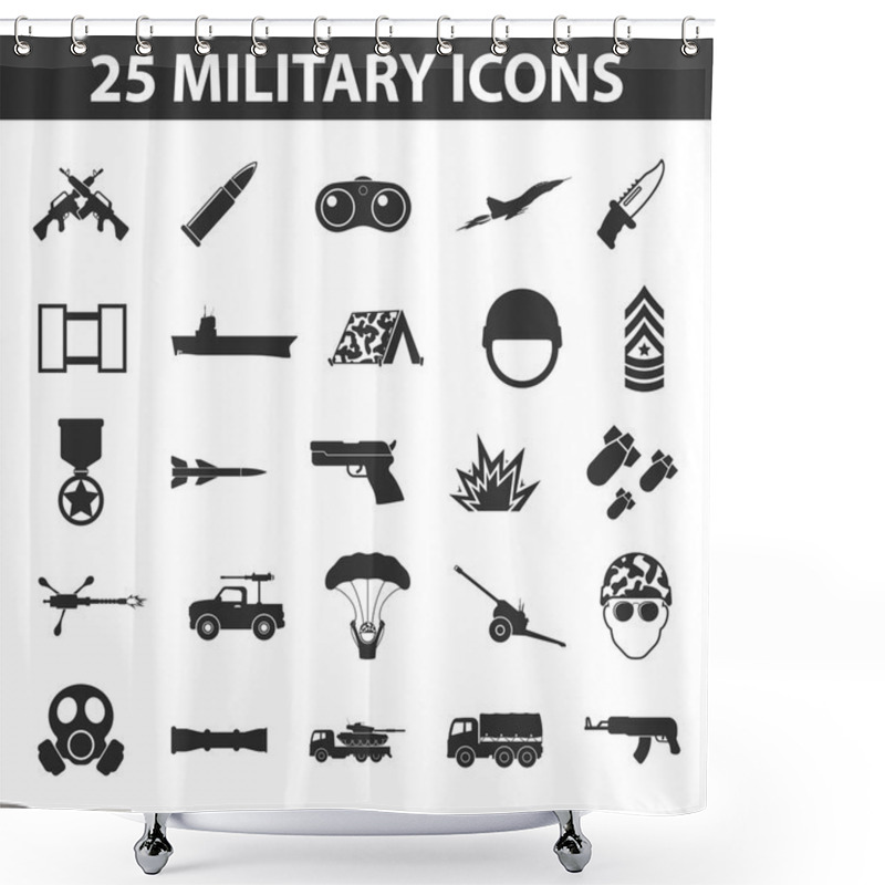 Personality  Military Set 25 Black Simple Icons. Army And Weapon Icon Design For Web And Mobile. Shower Curtains