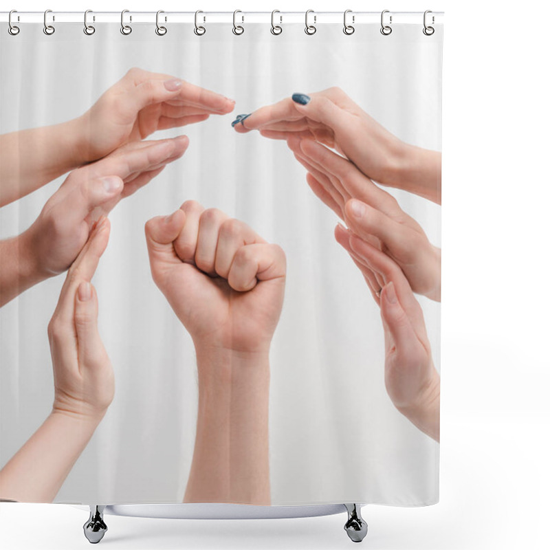 Personality  Cropped View Of Women Protecting Hand Of Man With Clenched Fist Isolated On White, Human Rights Concept  Shower Curtains