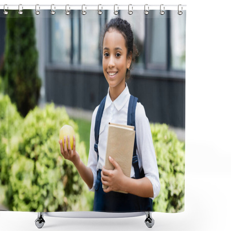 Personality  Smiling African American Schoolgirl With Book And Apple Outdoors Shower Curtains