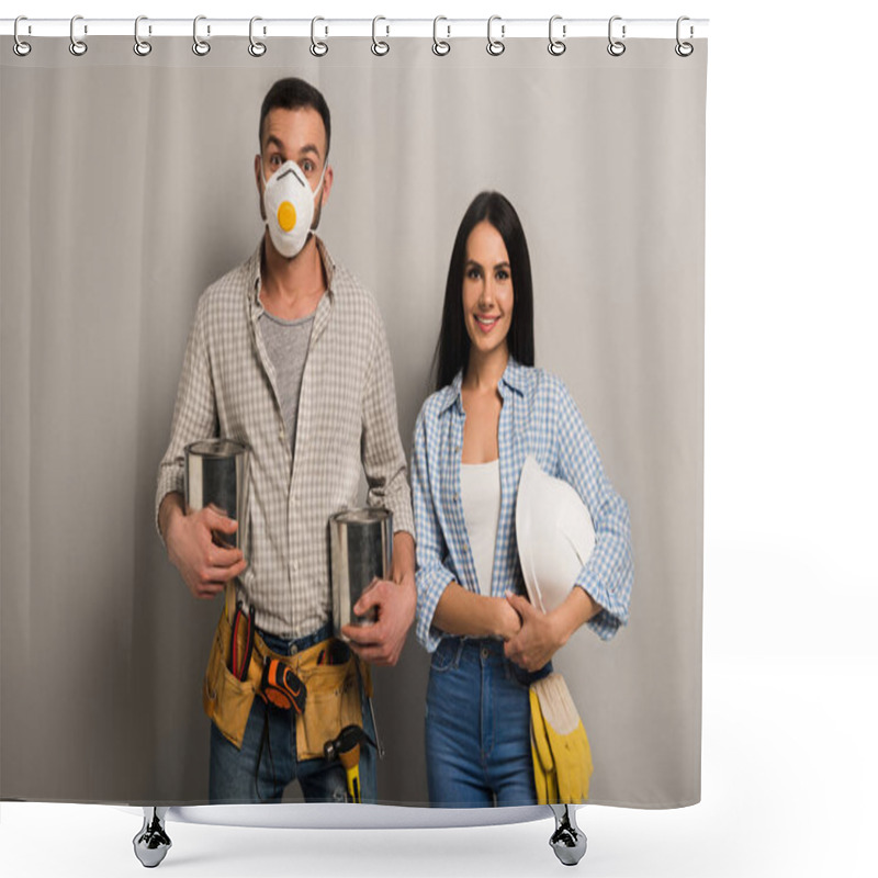 Personality  Happy Manual Workers In Safety Mask Holding Paint Cans And Helmet On Grey  Shower Curtains