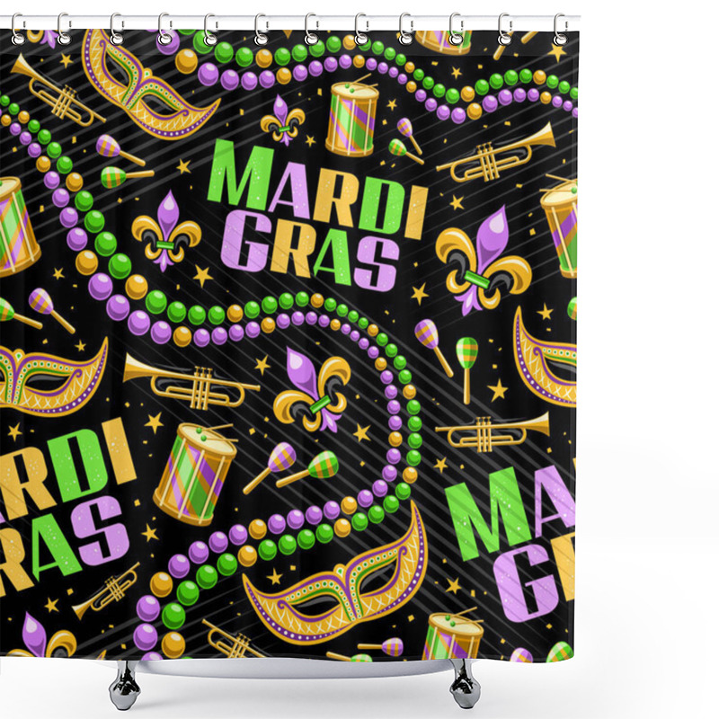 Personality  Vector Mardi Gras Seamless Pattern, Repeat Background With Illustrations Of Fleur De Lys Symbol, Venice Mask, Colorful Beads, Music Instruments, Text Mardi Gras On Black Background For Wrapping Paper Shower Curtains