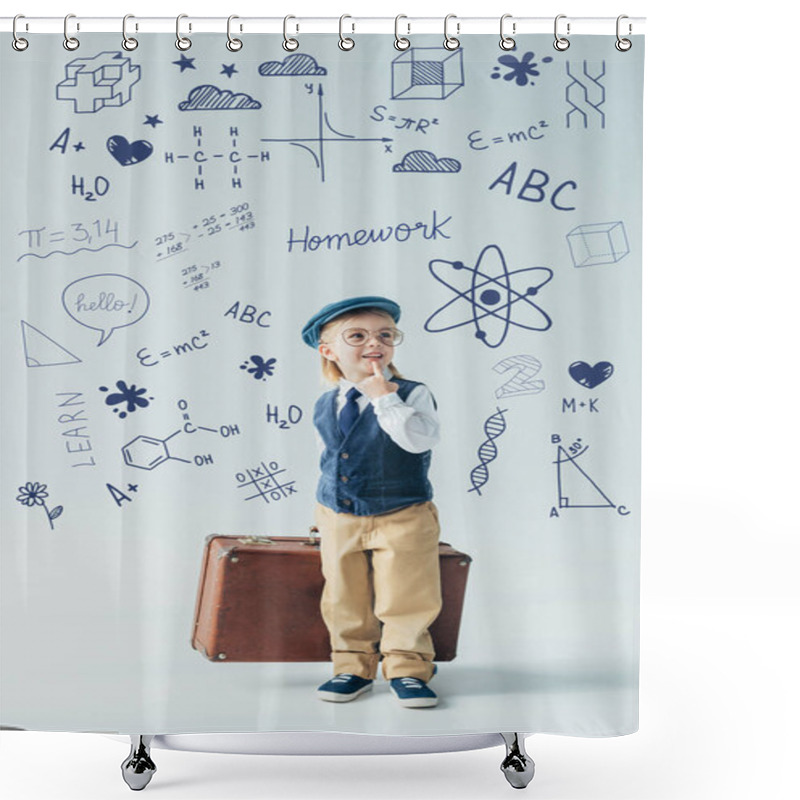 Personality  Dreamy Kid In Retro Vest And Cap Holding Suitcase And Looking Away On Grey Background With School Illustration  Shower Curtains