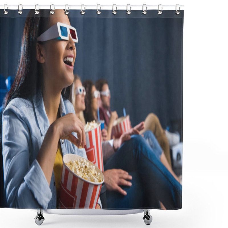 Personality  Happy Asian Woman In 3d Glasses With Popcorn Watching Movie In Cinema Shower Curtains