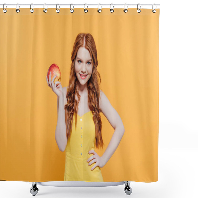 Personality  Beautiful Smiling Redhead Girl With Apple Looking At Camera Isolated On Yellow Shower Curtains