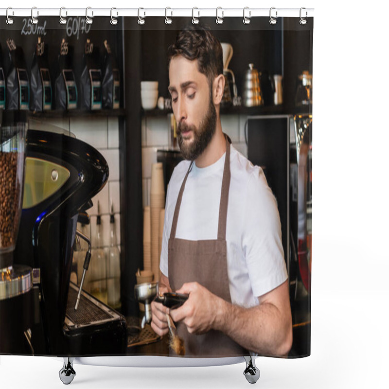 Personality  Bearded Barista In Apron Holding Brush And Coffee Machine Holder While Working In Coffee Shop Shower Curtains