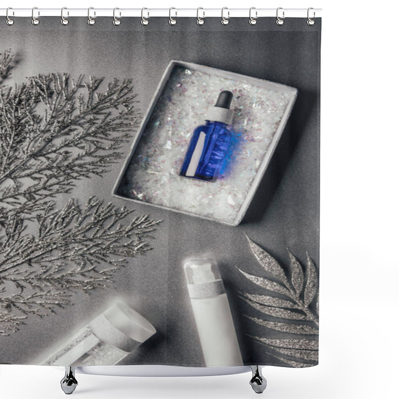 Personality  Elevated View Of Christmas Gift Box With Serum, Lotion, Micellar Water, Decorated Branches On Silver Shower Curtains