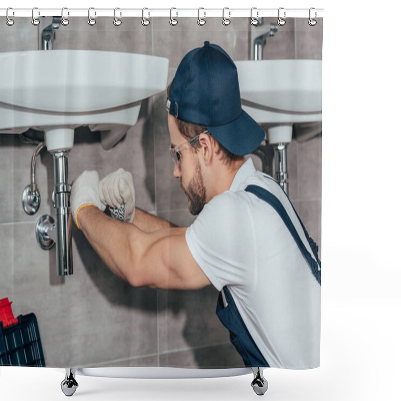 Personality  Close-up View Of Young Professional Plumber Fixing Sink In Bathroom Shower Curtains