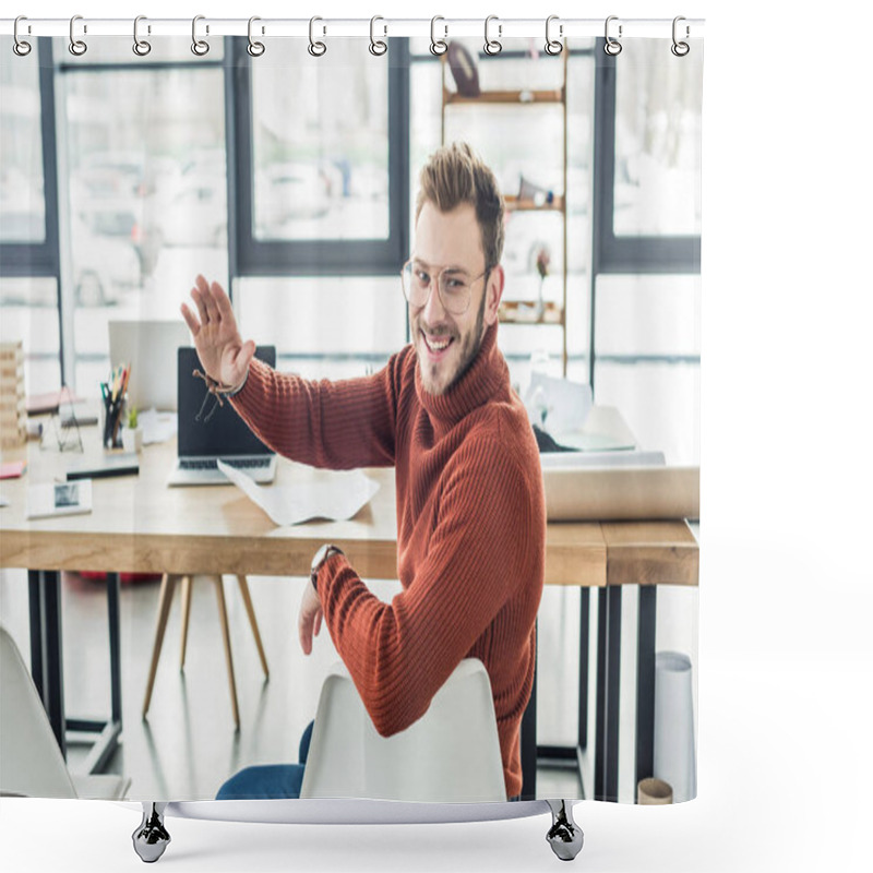 Personality  Male Architect Sitting At Computer Desk, Waving And Working On Blueprints In Loft Office Shower Curtains