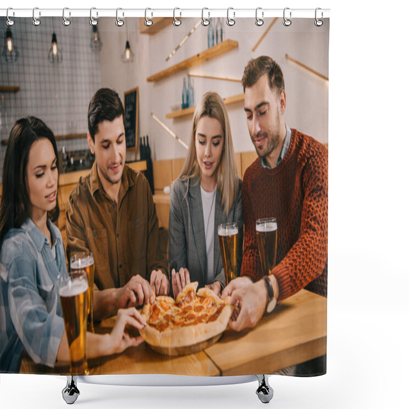 Personality  Group Of Friends Smiling While Taking Pieces Of Tasty Pizza In Bar Shower Curtains