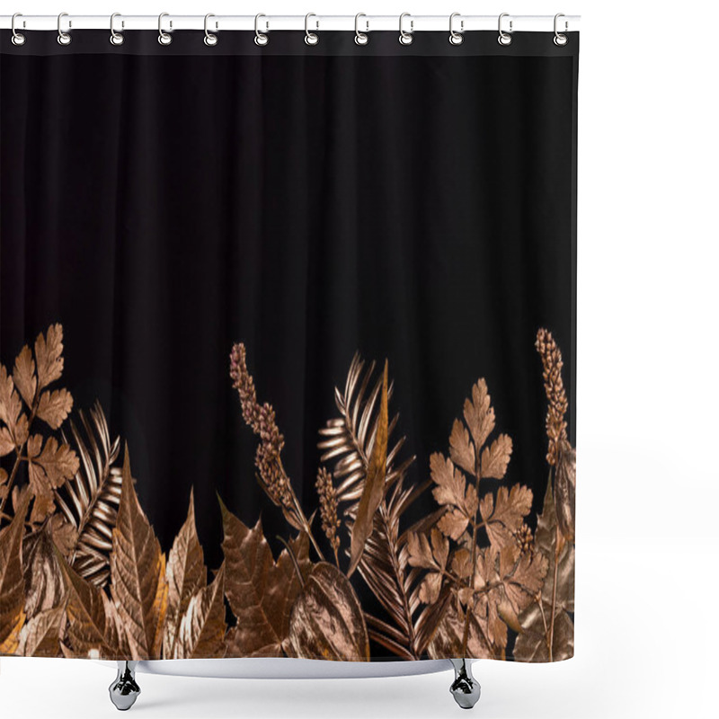 Personality  Golden Leaves. Autumnal Composition Border Of Gold Leaves On Black Background. Good For Black Friday Or Thanksgiving Posters. Shower Curtains