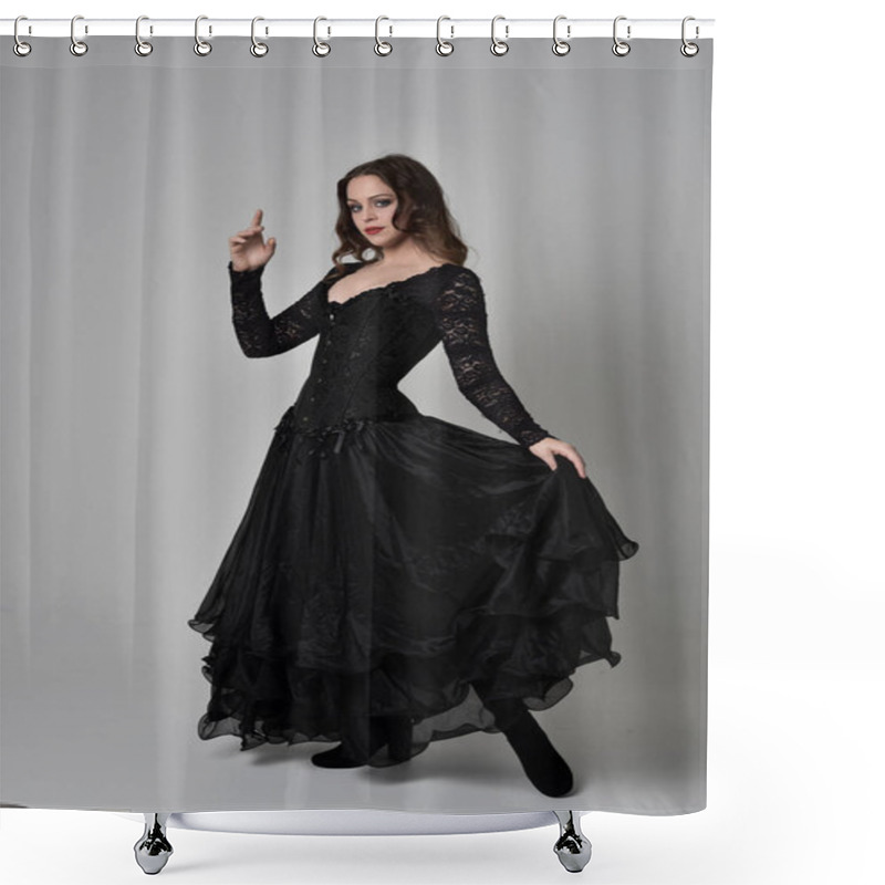 Personality  Full Length Portrait Of Brunette Girl Wearing Long Black Lace Gown Wit Corset. Standing Pose, Isolated On Grey Studio Background. Shower Curtains