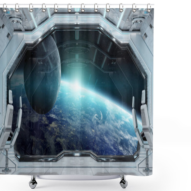 Personality  White Clean Spaceship Interior With View On Planet Earth 3D Rendering Elements Of This Image Furnished By NASA Shower Curtains