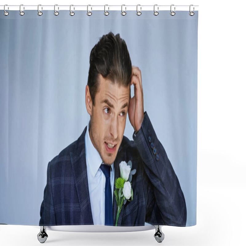 Personality  Tense Bridegroom Scratching Head While Looking Away Isolated On Blue Shower Curtains