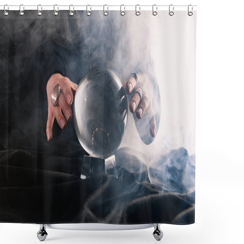 Personality  Partial View Of Female Hands Near Crystal Ball On Dark Background Shower Curtains