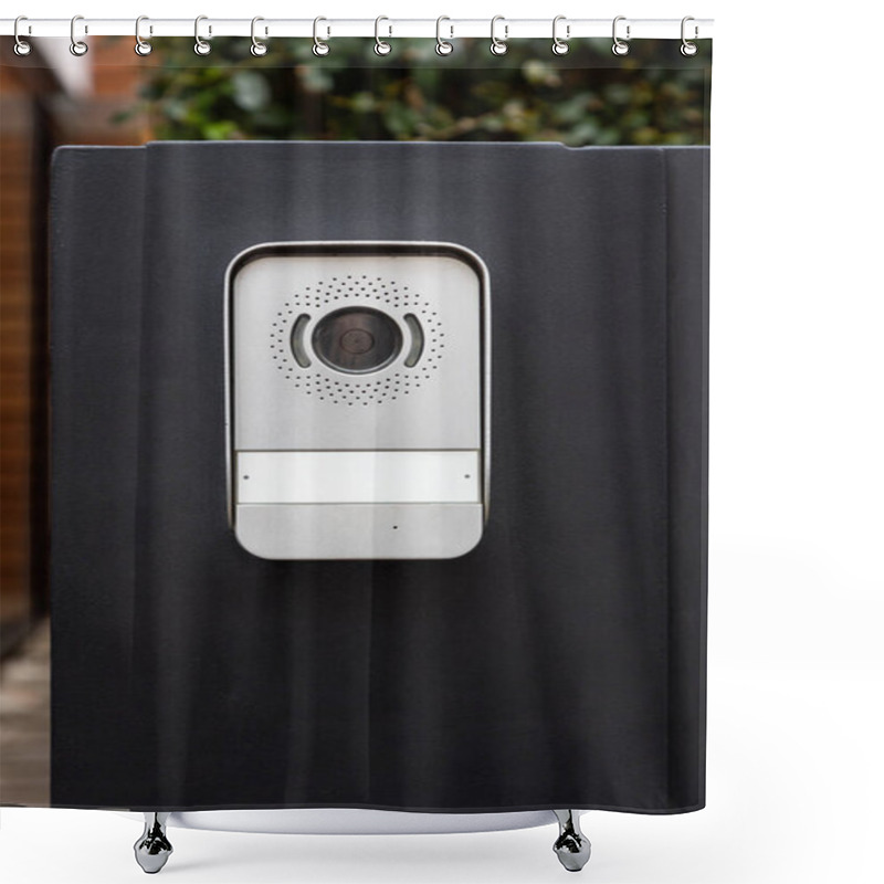 Personality  Close-up Of A Modern Intercom System Mounted On A Sleek Black Gate. The Metallic Design And Built-in Camera Highlight Advanced Security And Smart Technology For Residential Properties. Shower Curtains