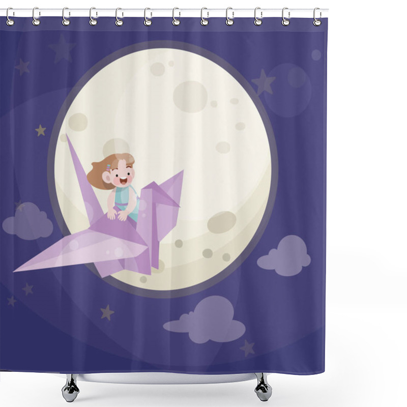 Personality  Cute Happy Kid Play With Stars And Full Moon On The Sky Vector Illustration Shower Curtains