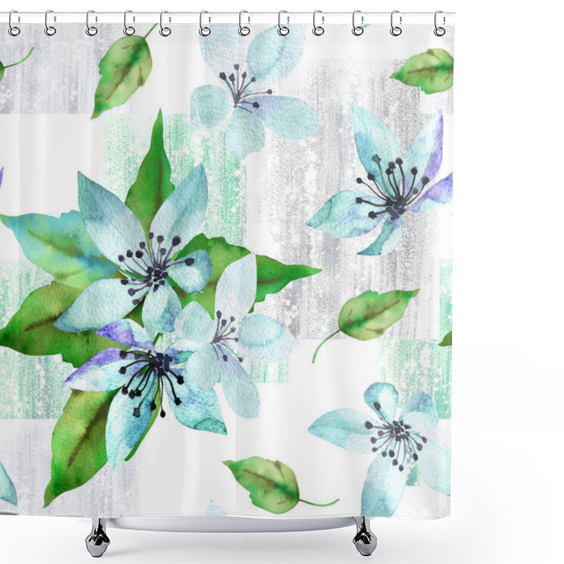 Personality  Floral Seamless Pattern With Blue Spring Flowers And Leaves On Texture Grunge Shower Curtains