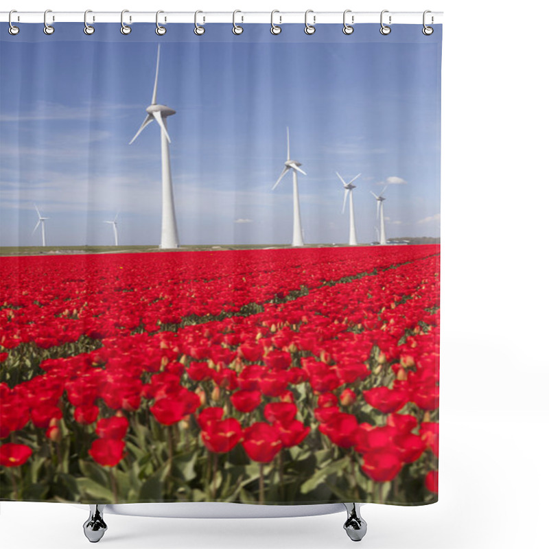 Personality  Wind Turbines Against Blue Sky And Red Tulip Field In Holland Shower Curtains