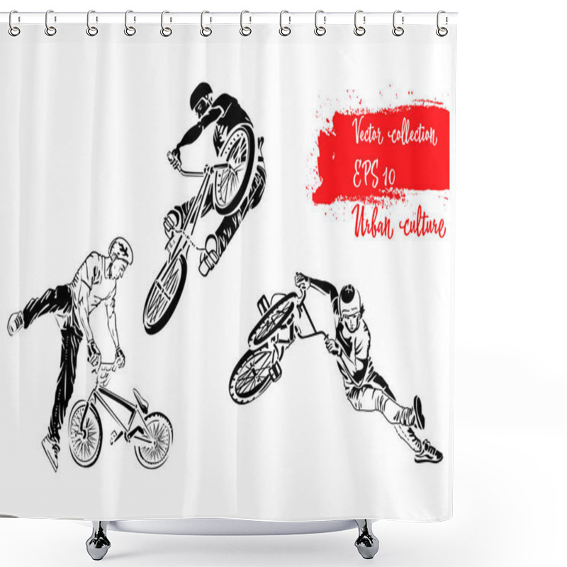 Personality  Set Of Bike Rider Jumping. Representatives Of Urban Culture. Extreme Theme Modern Print. Vector Design Elements. Isolated On White Background Shower Curtains