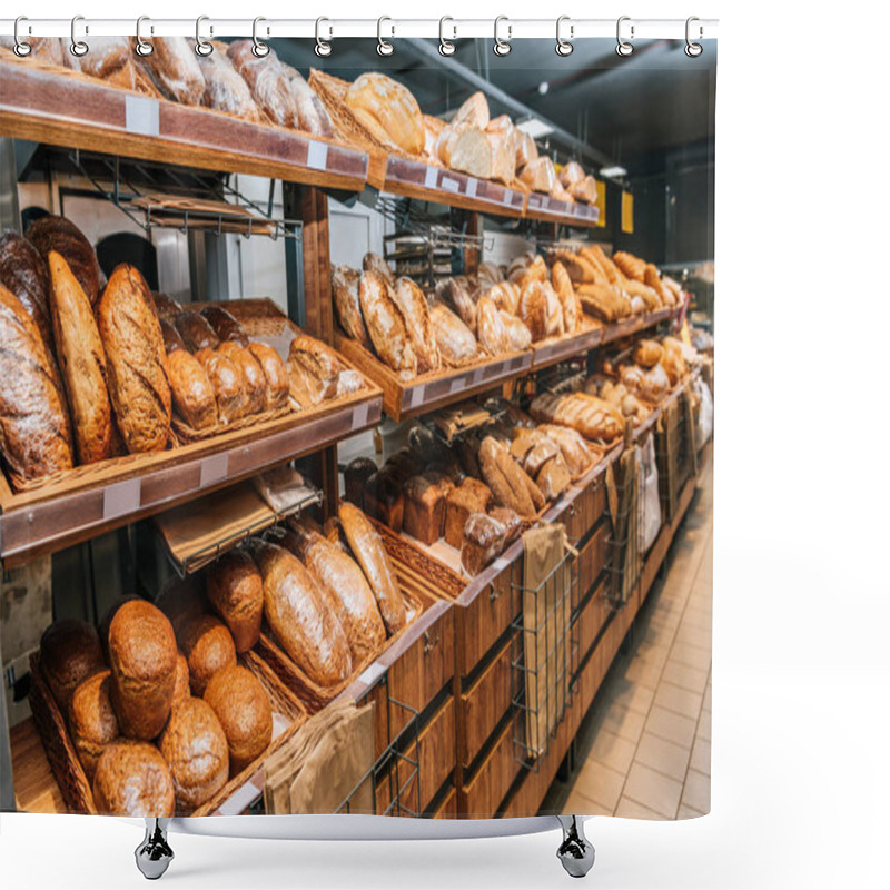 Personality  Close Up View Of Freshly Baked Bakery In Hypermarket Shower Curtains