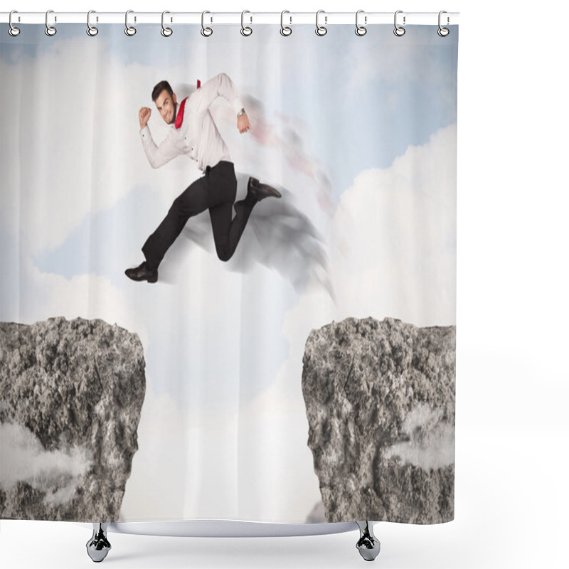 Personality  Funny Business Man Jumping Over Rocks With Gap Shower Curtains