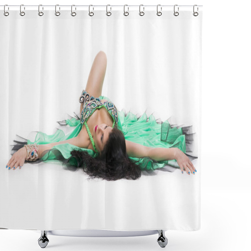 Personality  Young Beautiful Exotic Eastern Women In Ethnic Green Dress. Isolated On White Background Shower Curtains