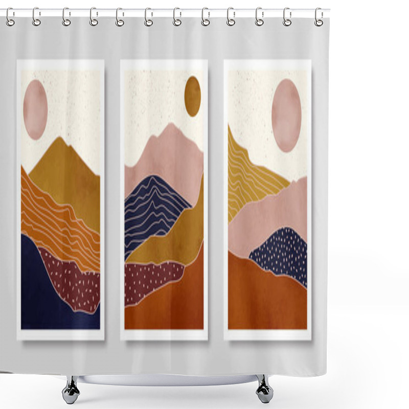 Personality  Set Of Abstract Landscape Of Mountains With The Sun In A Minimal Trendy Style. Vector Background In Terracotta Colors Shower Curtains